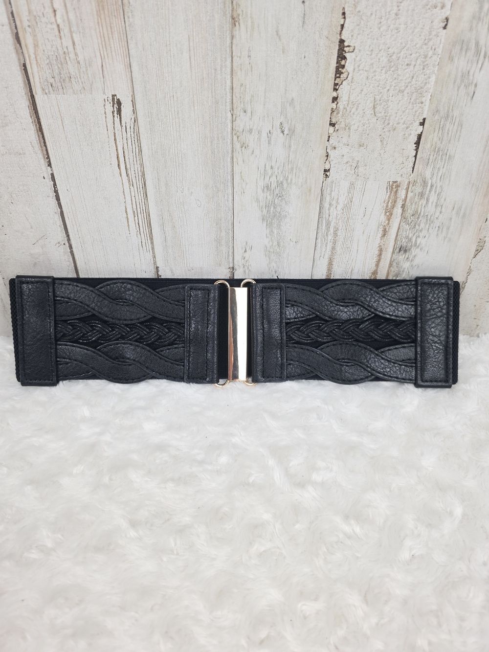 Grace Karin Black Braided Elastic Waist Belt with Gold Buckle